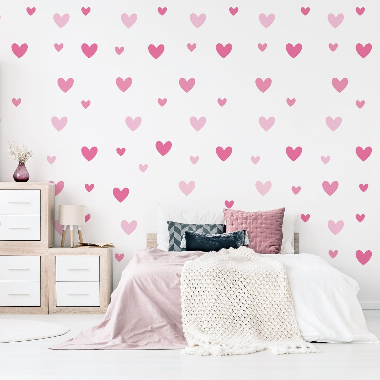 AOWDIAO 170 Pcs Heart Wall Decals - Peel and Stick Pink Decor for Girl Bedroom, Nursery, Playroom Decoration
