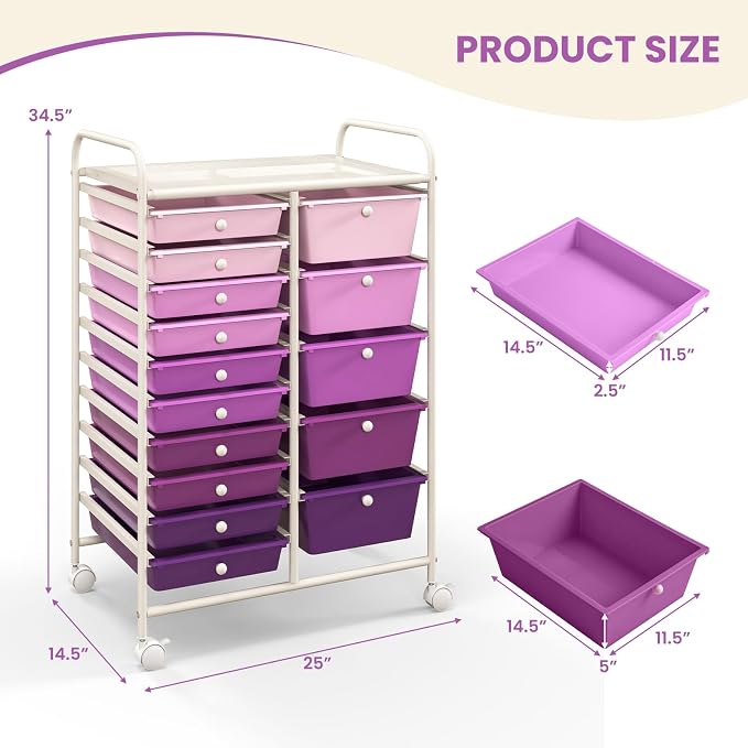 GOFLAME 15-Drawer Rolling Storage Cart, Craft Storage Cart with Removable Drawers & Lockable Wheels, Art Cart Supply Storage Organizer for Home Office Classroom, Purple Gradient