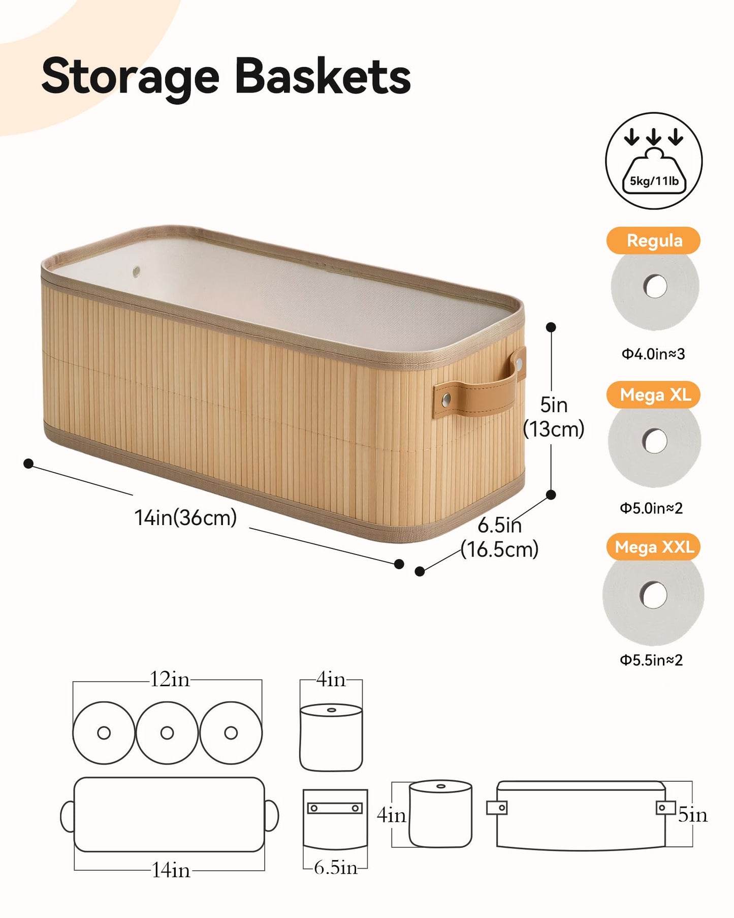 Narrow Storage Bins, Small Basket for Closet and Shelves, Bamboo Toilet Paper Storage Organizer with Handles for Countertop-Bathroom-Home Decor, 2-Pack