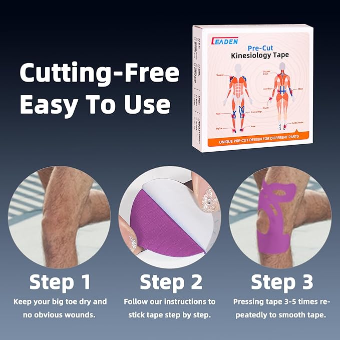 IEADEN Precut Kinesiology Tape for Knees, 10 Pcs - Knee Support & Stability, Knee Pain Relief Athletic Tape - Waterproof & Elastic, Breathable Hypoallergenic Latex-Free Tape, Purple