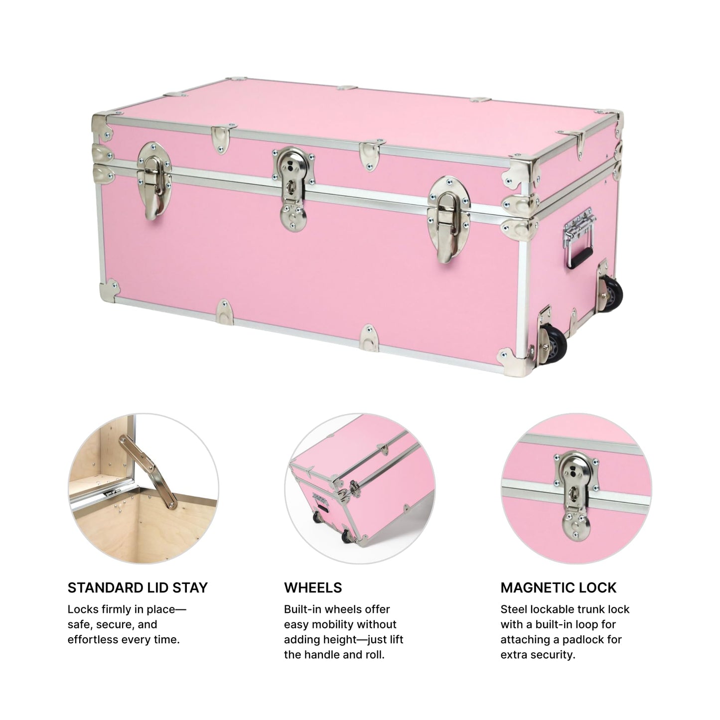 Rhino Trunk & Case Small Essential Trunk With Wheels, Tray, & Lid Organizer - 30"x17"x13", 1000+ lbs Capacity. Strong, USA Made Summer Camp Footlocker, and Secure College Dorm Storage Chest