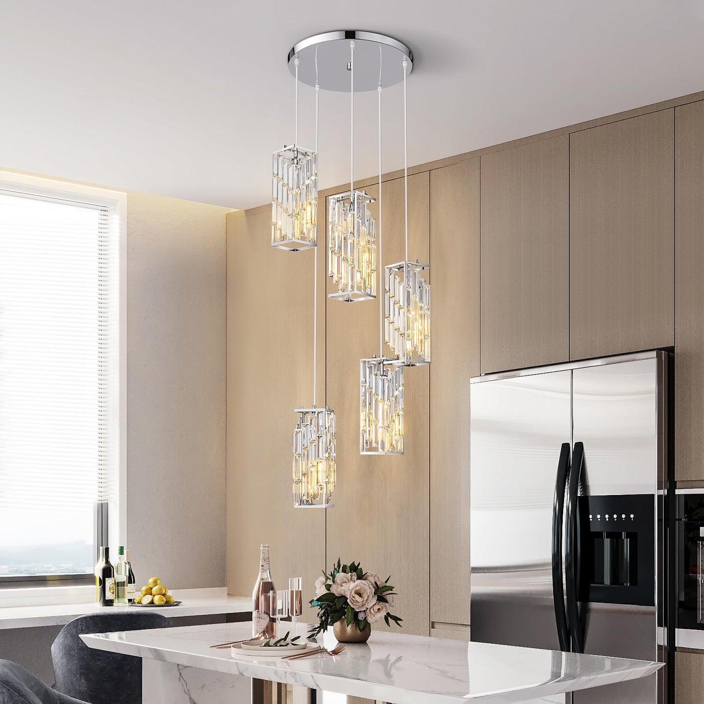 FDPBY Chrome Pendant Lighting Modern Pendant Light, Mini Crystal Chandeliers,Adjustable Pendant Light Fixture for Kitchen Island Dinning Room Bedroom (5 Light)