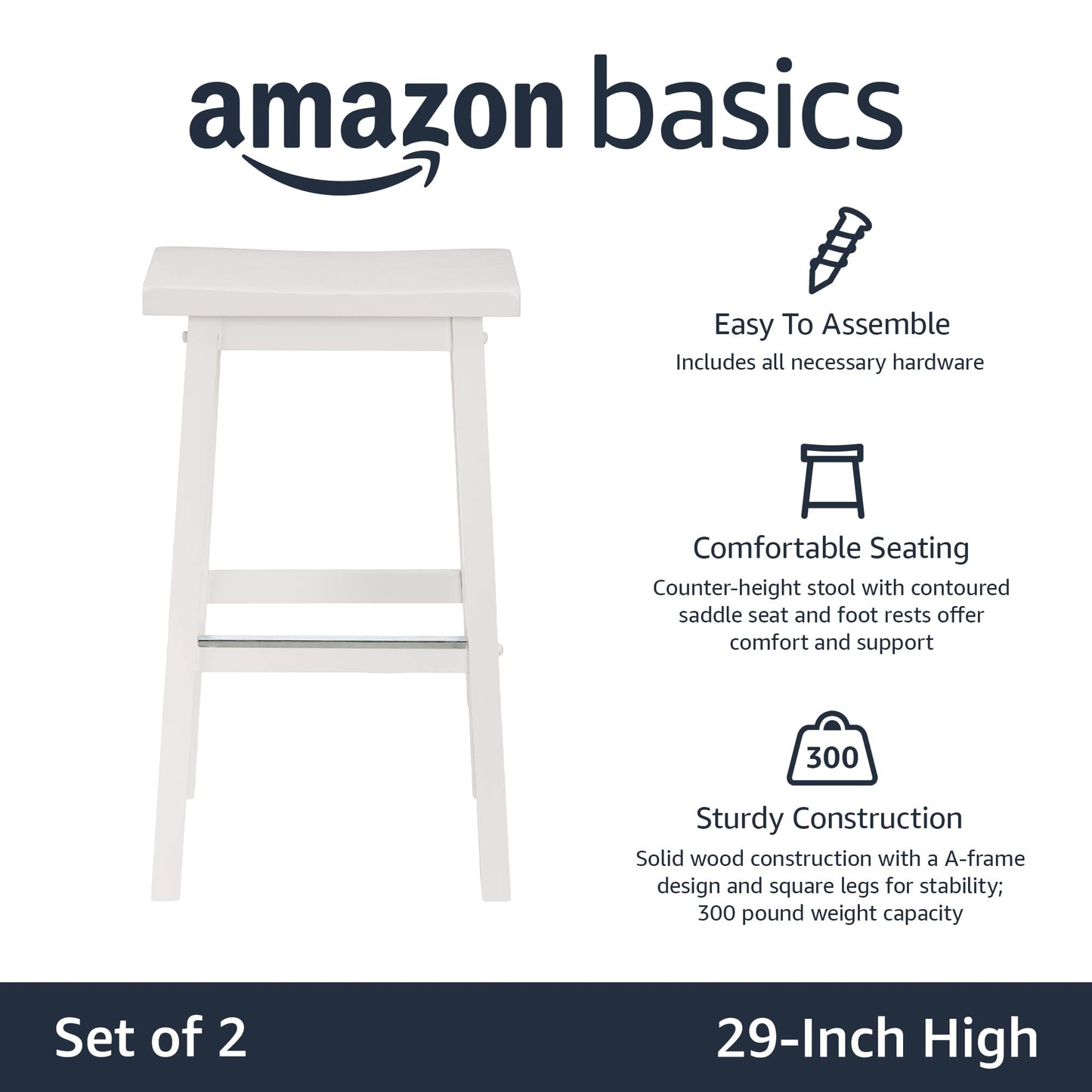 Amazon Basics Solid Wood Saddle-Seat Counter Height Bar Stools for Kitchen Island and Home Bar with Footrest, 29-Inch Height, White, Set of 2