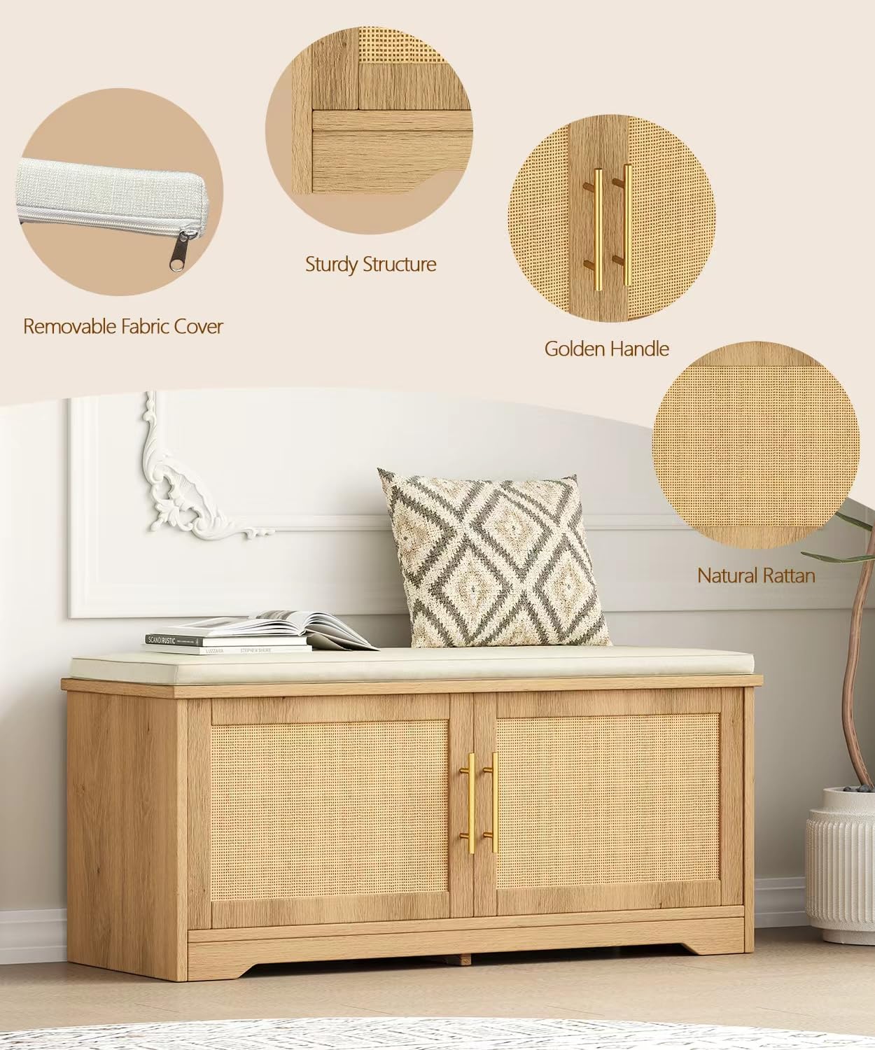 Zeibospri Rattan Shoe Storage Bench with Cushion, 39.4" Wide Entryway Bench with Adjustable Shelf, Hidden Shoe Organizer Cabinet, for Hallway, Living Room, Bedroom, Natural Oak
