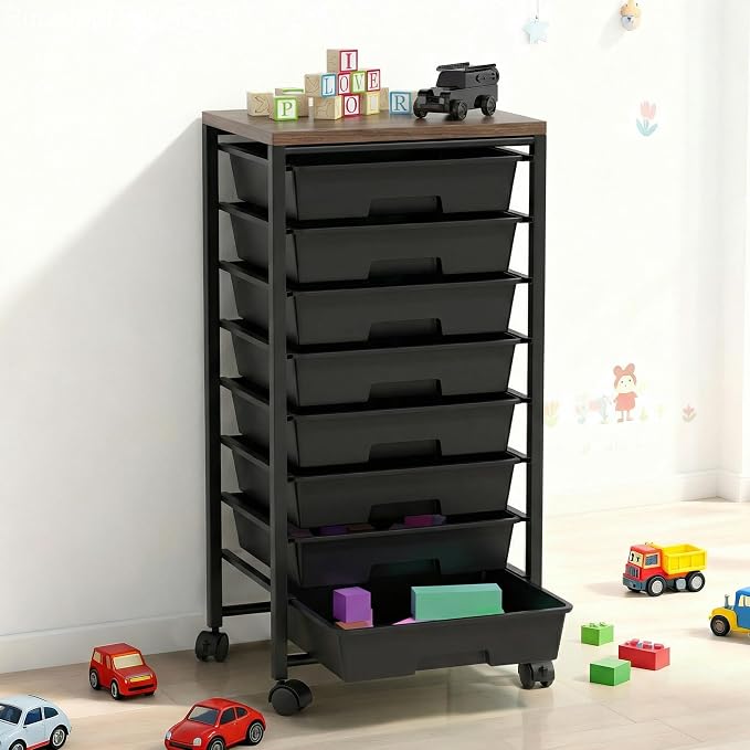 Rolling Cart with 8 Drawers, Storage Drawers Cart with Wooden Tabletop and Lockable Wheels, Craft Storage for Living Room, Office, Classroom, Craft Room, Bedroom (Black)