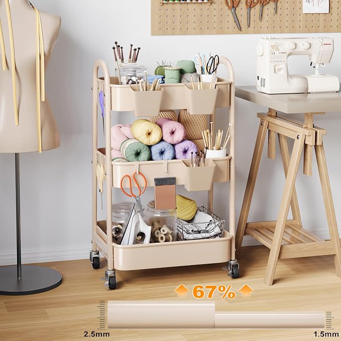 Beige 3 Tier Rolling Cart Metal on Wheels, Three Tiered Storage Organizer Utility Trolley with Wheels for Art, Craft, Baby Diaper Caddy, Snack, Book, Nail, Lash, Cleaning Supplies, Kitchen, Bathroom