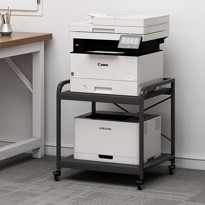 Fannova 2 Tier Under Desk Printer Stand with Storage, 20 Inches Deep Large Printer Table with Height Adjustable Shelf, Rolling Printer Cart with Wheels for Home Office - Black