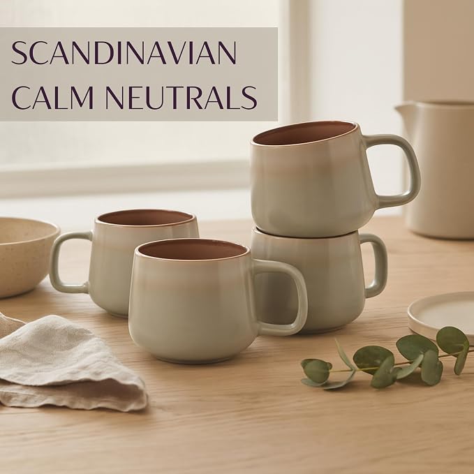 Ava Nord Large Ceramic Coffee Mugs Set of 4 | 16 oz Stoneware Coffee Cups | Lead-Free, Non-Toxic | Microwave and Dishwasher Safe | Comfortable Handle | Nordic Design for Tea, Cocoa, Latte | Sage Ash