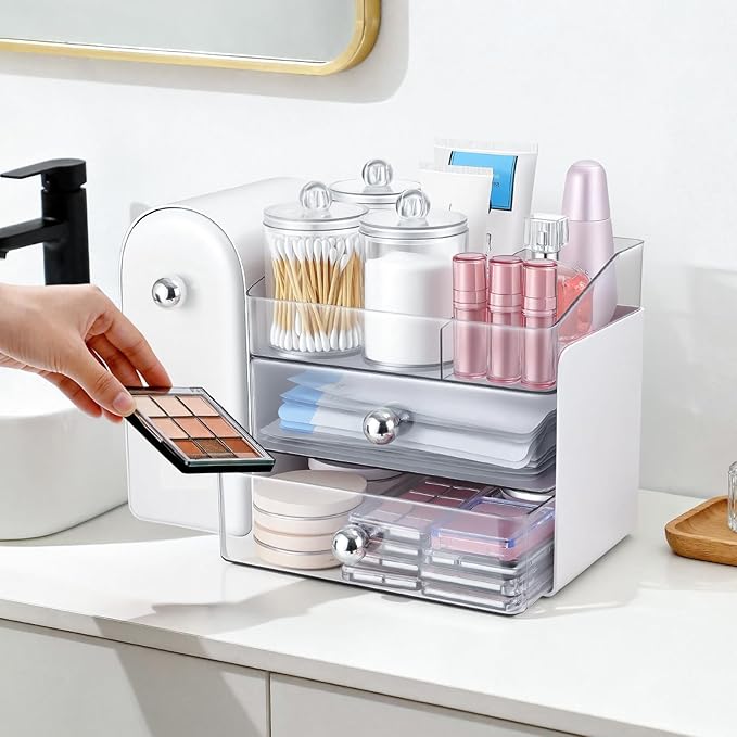 Makeup Organizer,Vanity Organizer with Makeup Brush Holder,Large Skincare Organizers with Drawers,Bathroom Countertop Organizer,Storage Lipstick,Perfume,Nail Polish,Beauty,Gifts for Woman