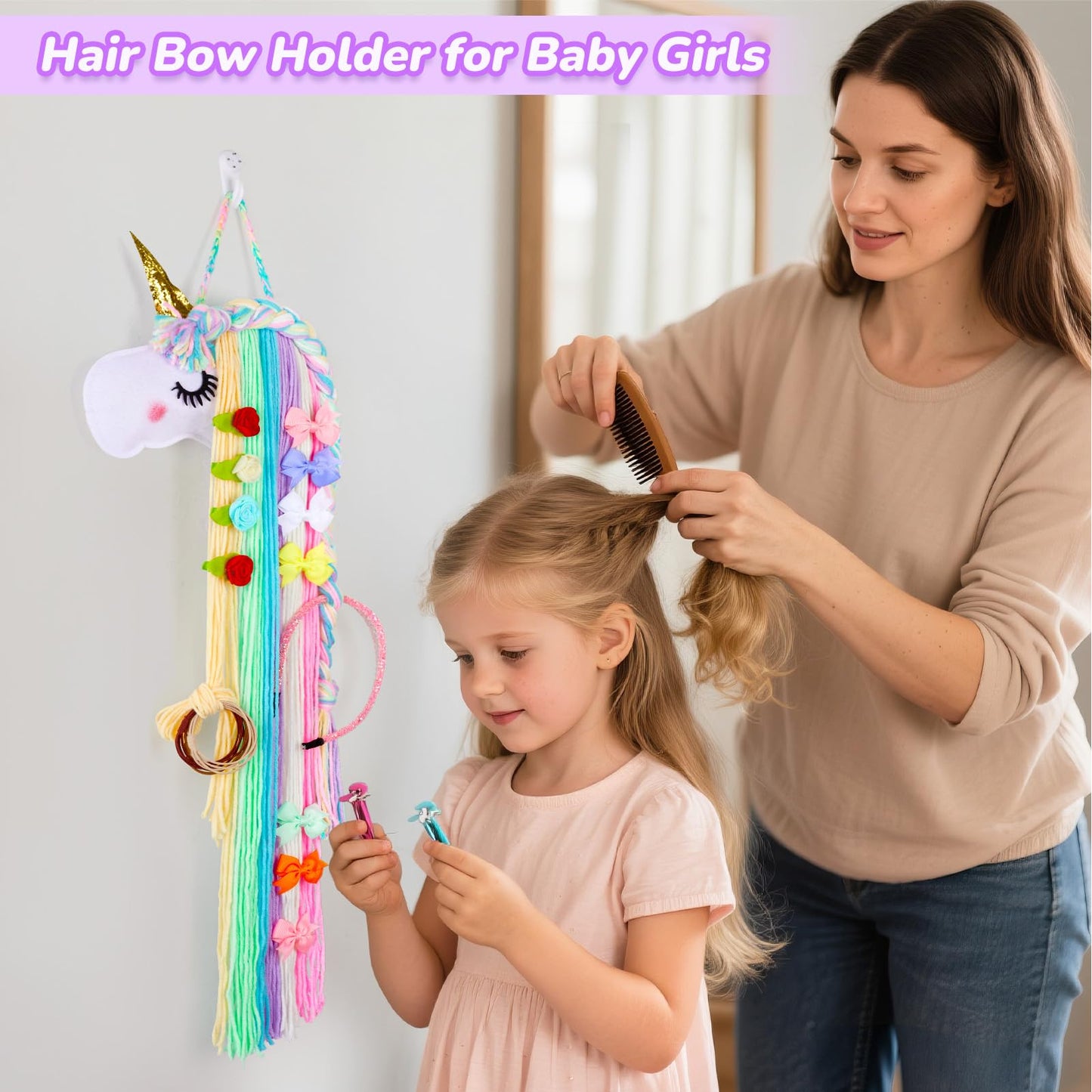 Basumee Unicorn Hair Bow Holder for Girls Wall Hanging Decor and Baby Hair Clip Hanger Organizer, Rainbow