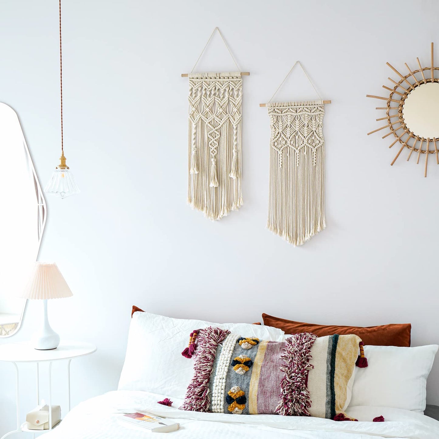 Mkono Set of 4 Boho Macrame Woven Wall Hanging and Wooden Bead Garland for Bedroom, Living Room, Nursery Dorm, Teen Girl Gifts