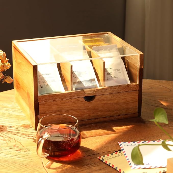 HTB Large Tea Organizer 2 Tier with Drawer, Tea Bag Organizer with Acrylic Transparent Hinged Lid, 9 Compartments Wooden Tea Bag Holder for Home, Office, Tea Parties