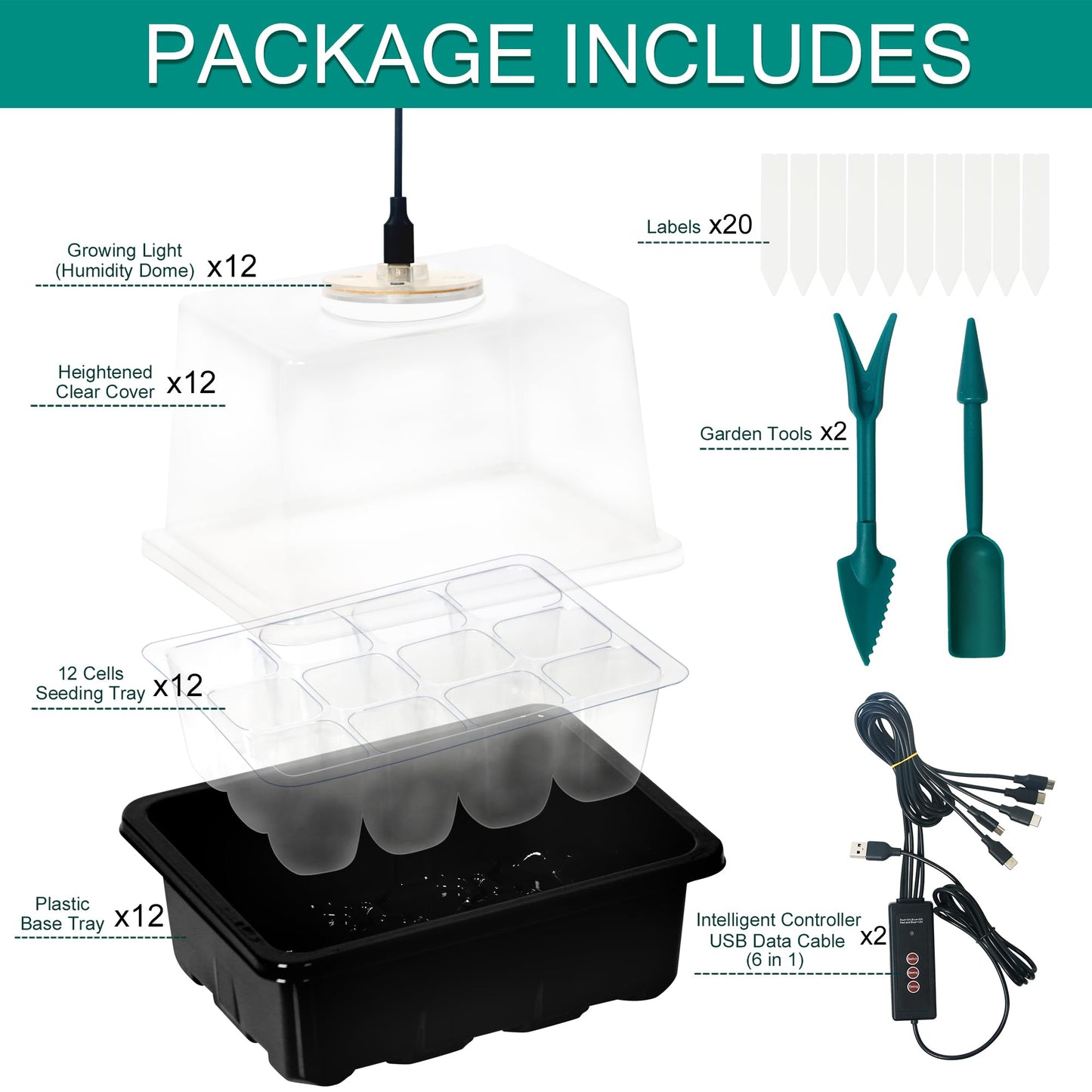 LYDTICK 12-Set Seed Starter Tray with Grow Light, Seed Starting Trays Kits with Timing Controller Adjustable Humidity Domes Heightened Lids(12-Cells Per Tray)
