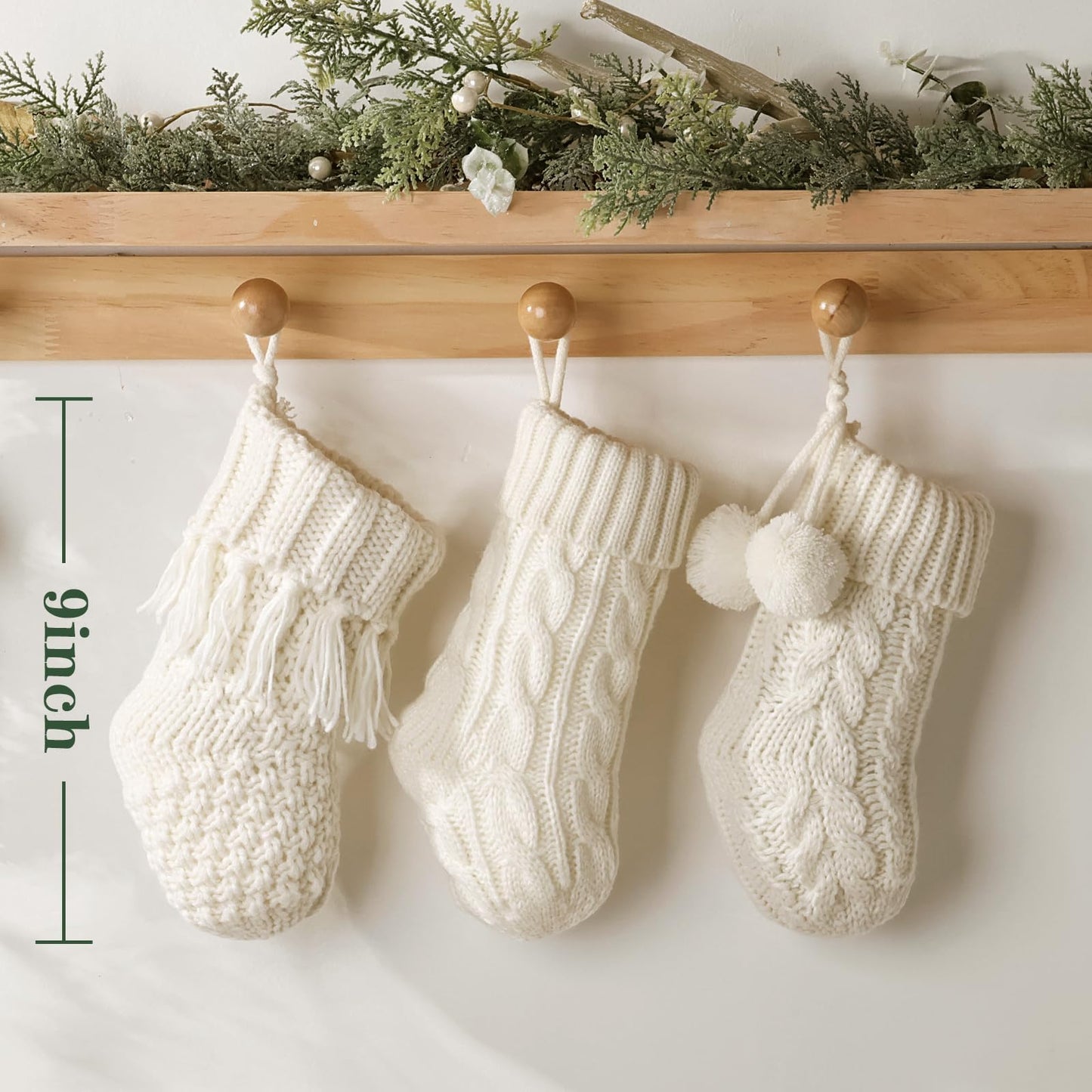 Rustic Mini Knitted Christmas Stockings: 6 Pack 9 Inch Beige Cable Knit Fireplace Stockings, Farmhouse Boho Style Cozy Handmade Hanging Xmas Stocking Decorations for Family Holiday Décor, Cream White