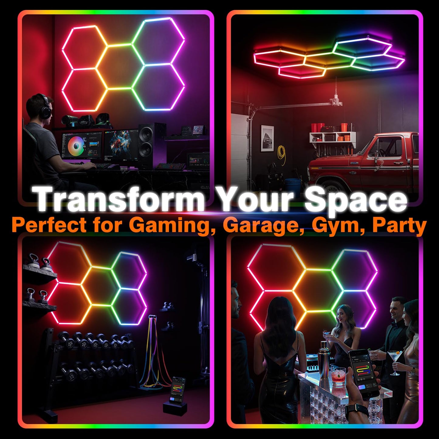 Litezone RGB Hexagon Garage Lights, Music Sync LED Hexagon Lights for Gaming Room, Smart App & Remote Control, DIY Honeycomb Ceiling Light for Studio Gym Basement Deco