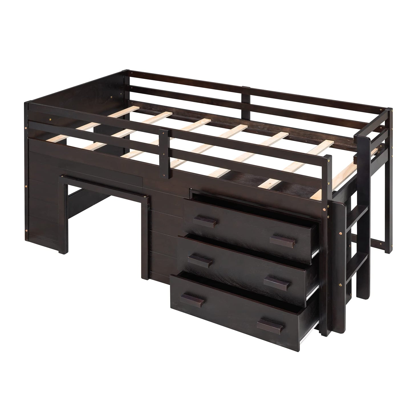 Merax Twin Wooden Loft Bed，Wood Bedframe for Kids Teens， Adults Bedroom with Cabinet, Shelf, Stairs, Espresso