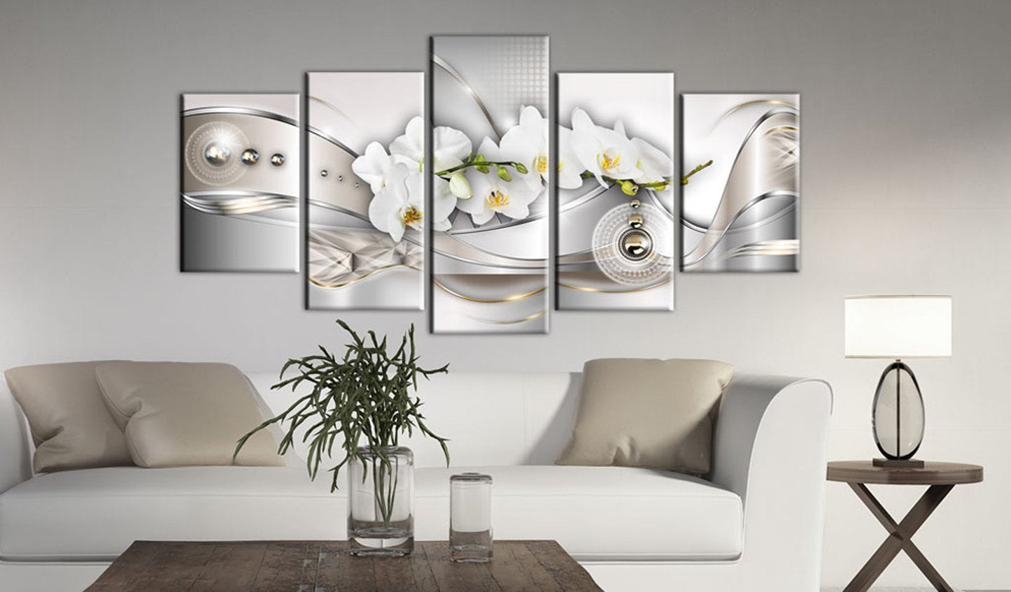 Vibrant Flower Pearl Orchids Canvas Wall Art Modern Decor 5 Pieces Print Painting White Floral HD Picture Bedroom Living Room Framed Ready to Hang