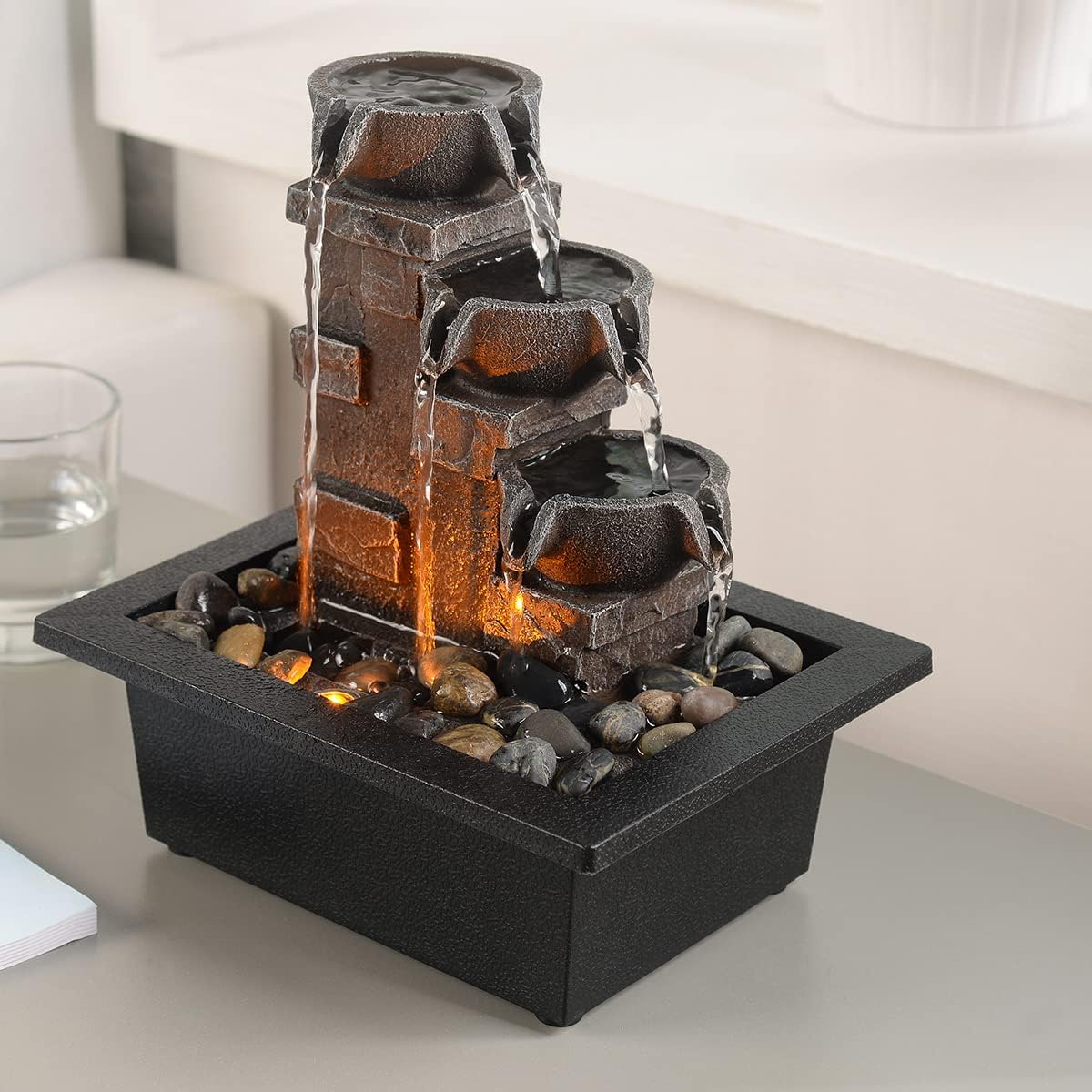 GOSSI Home Décor Imitation 3-Tier Stone Wall Tabletop Fountain Many Natural River Rock Office Relaxing Desktop Zen Waterfall Meditation Tabletop Fountain LED Lights Fountain Christmas Decorations