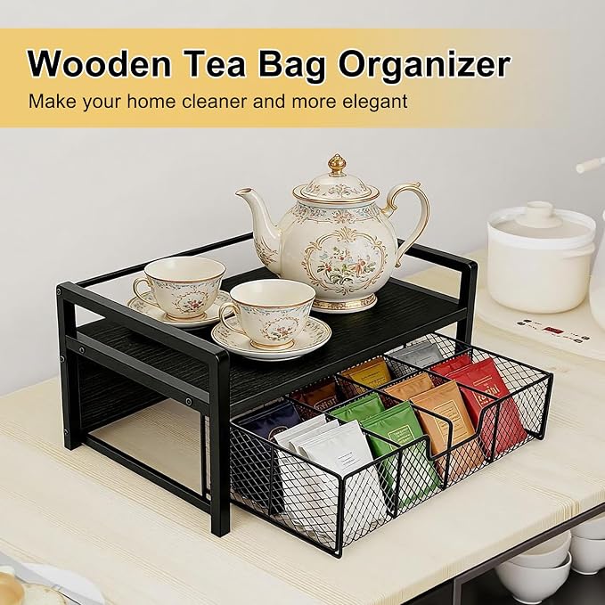 Tea Bag Organizer Wood Tea Organizer with 8 Compartments Storage Chests Tea Station Chest Display Container Box for Countertop Kitchen