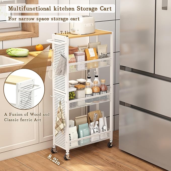 Utility Slim Storage Cart 4 Tier Small Rolling Kitchen Laundry Room Organization Cart with Wood Top Metal Narrow Laundry Room Shelves Cabinet Unit Laundry Organizer Trolley with Handle for Small space