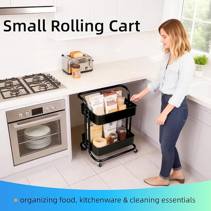2 Tier Rolling Utility Cart with Wheels All-Metal Short Pantry Cart Under Desk Storage Trolley with Handle, Small Rolling Storage Shelf for Small Space Kitchen Laundry Room Bathroom, Black