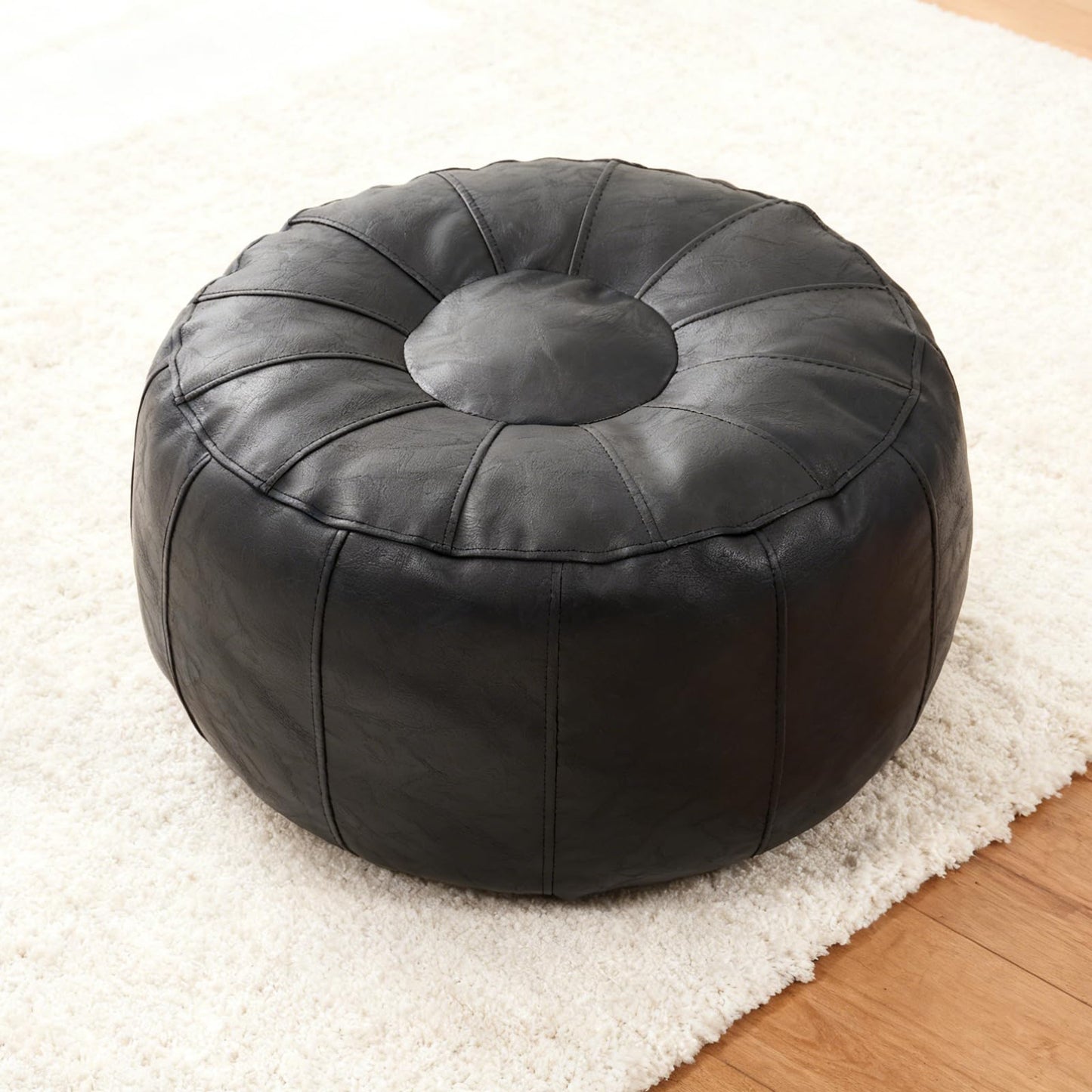 Louis Donné Unstuffed Pouf Ottoman Cover, Handmade Faux Leather Moroccan Pouf Ottoman Footstool, Floor Footrest Cushion, 21x12inch Black Storage Solution Poufs for Lving Room Gifts, ONLY Cover