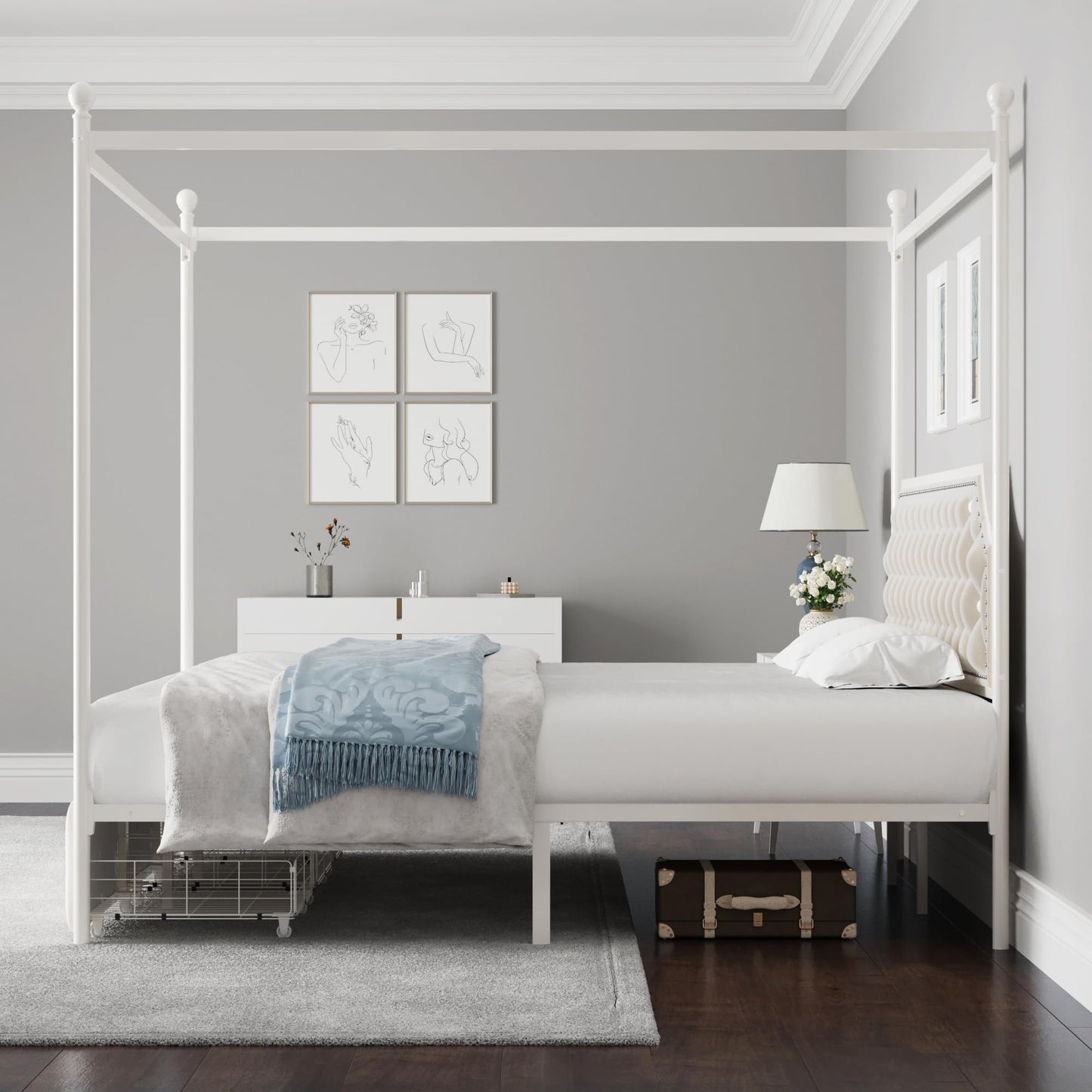 Keyluv King Upholstered Canopy Bed Frame with 3 Drawers and Button Tufted Headboard, Metal Platform Bed with 4 Removable Posts, Two-Purpose Velvet Bed No Box Spring Needed, Beige/Curtains Not Included