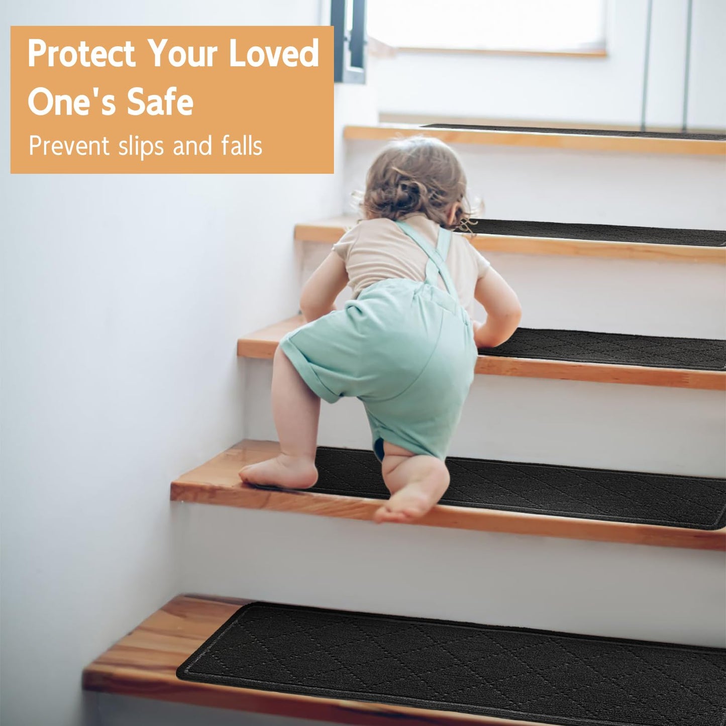 RIOLAND Carpet Stair Treads for Wooden Steps Indoor 9" x 36" Non Slip Stair Treads for Wood Stair with Reusable Adhesive, 15 Pack Peel and Stick Stair Runner for Kids Elders and Dogs, Diamond Black
