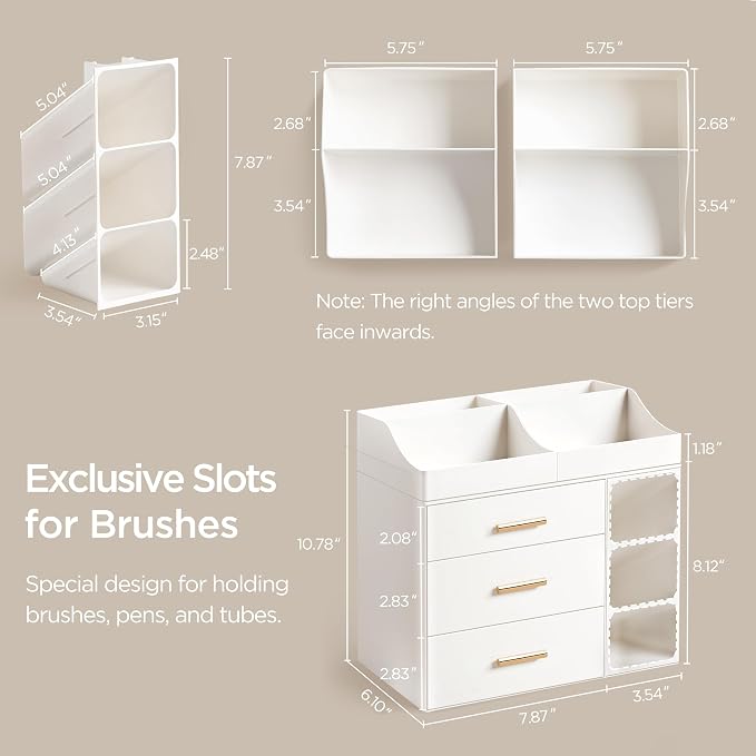 HBlife Makeup Organizer Countertop with Brush Holder,Large Bathroom Counter Organizer with Drawers,Skincare Organizers for Vanity,Plastic Dresser Organizer Storage Gift for Women Girl Mom,All White