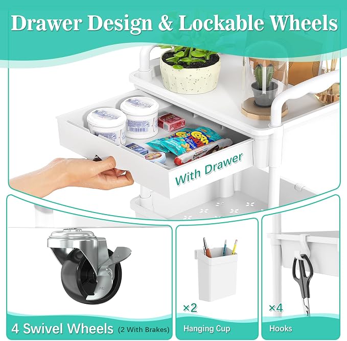 SUNALLY 4 Tier Rolling Utility Cart with Drawer, Storage Organizer Cart with 2 Lockable Wheels, Multifunctional Rolling Storage Cart for Bathroom, Kitchen, Craft, Makeup, Baby Essentials, White