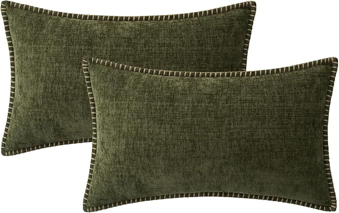 MIULEE Pack of 2 Lumbar Throw Pillow Covers 12x20 Inch Olive Green Farmhouse Decorative Pillow Covers with Stitched Edge Soft Chenille Solid Dyed Pillow Covers for Couch Sofa Bed Living Room