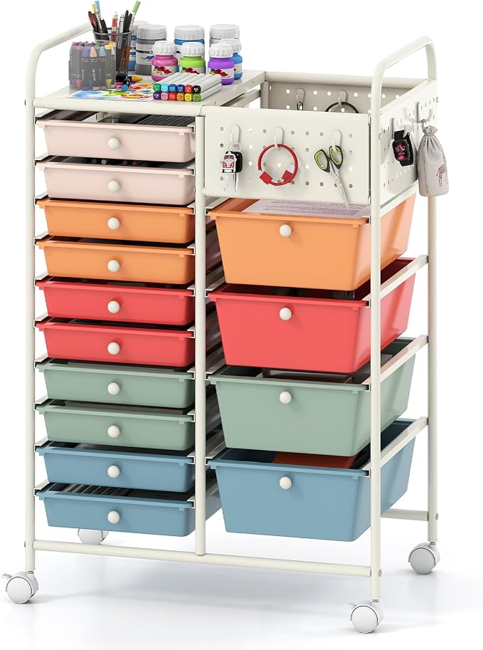 Giantex 14 Drawer Storage Cart, Rolling Craft Cart with Metal Tabletop & Pegboard, Mobile Utility Organizer Trolley with Locking Wheels, Home Office, Macaron Multicolor