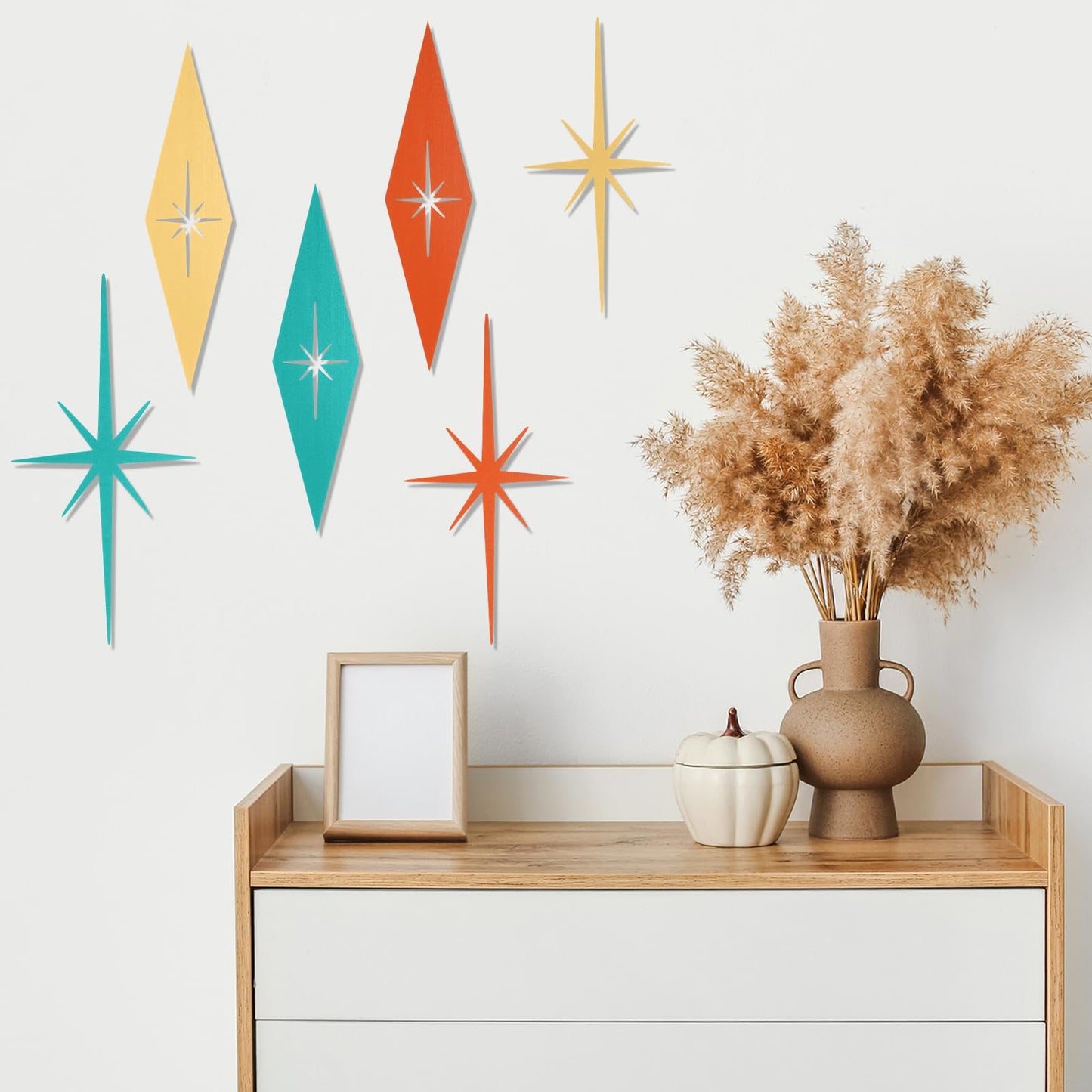 Otoolling 6 Pcs Starburst Modern Mid Century Wall Art Cast Iron Retro 3D 8 Pointed Atomic Star Retro Wall Metal Home Decor Elegance Accents Easy Install Finish Hangings for Office Room