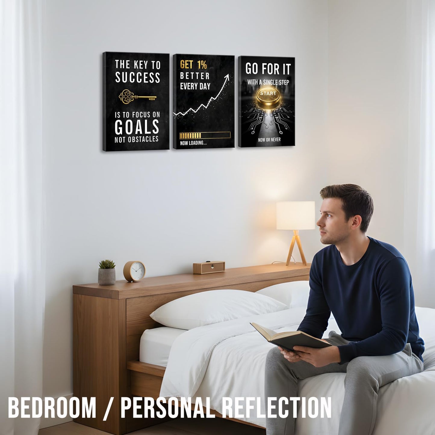 Motivational Office Wall Decor Get 1% Better Every Day Black and White Inspirational Wall Art, 3 Piece Focus on Goals Not Obstacles Quotes, Framed Modern Office Decor for Bedroom, Classroom, Entrepreneurs, Men & Boys
