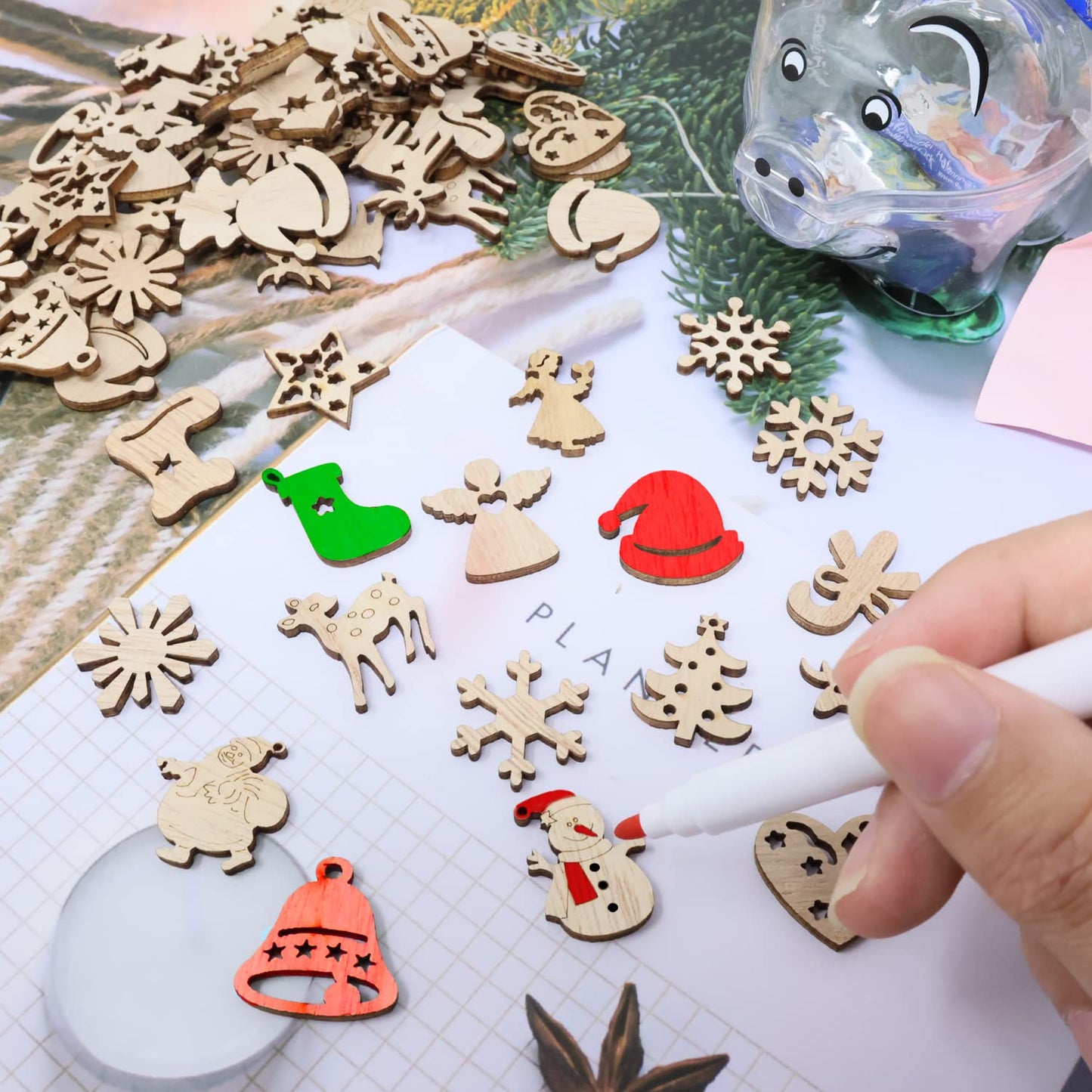 yueton 100PCS Mini Christmas Tree Snowflakes Stars Moose Bells Hats Socks Angels Christmas Unfinished Blank Wood Pieces Wood Slices Wood Chips Embellishments for DIY Crafts, Home Decoration, etc