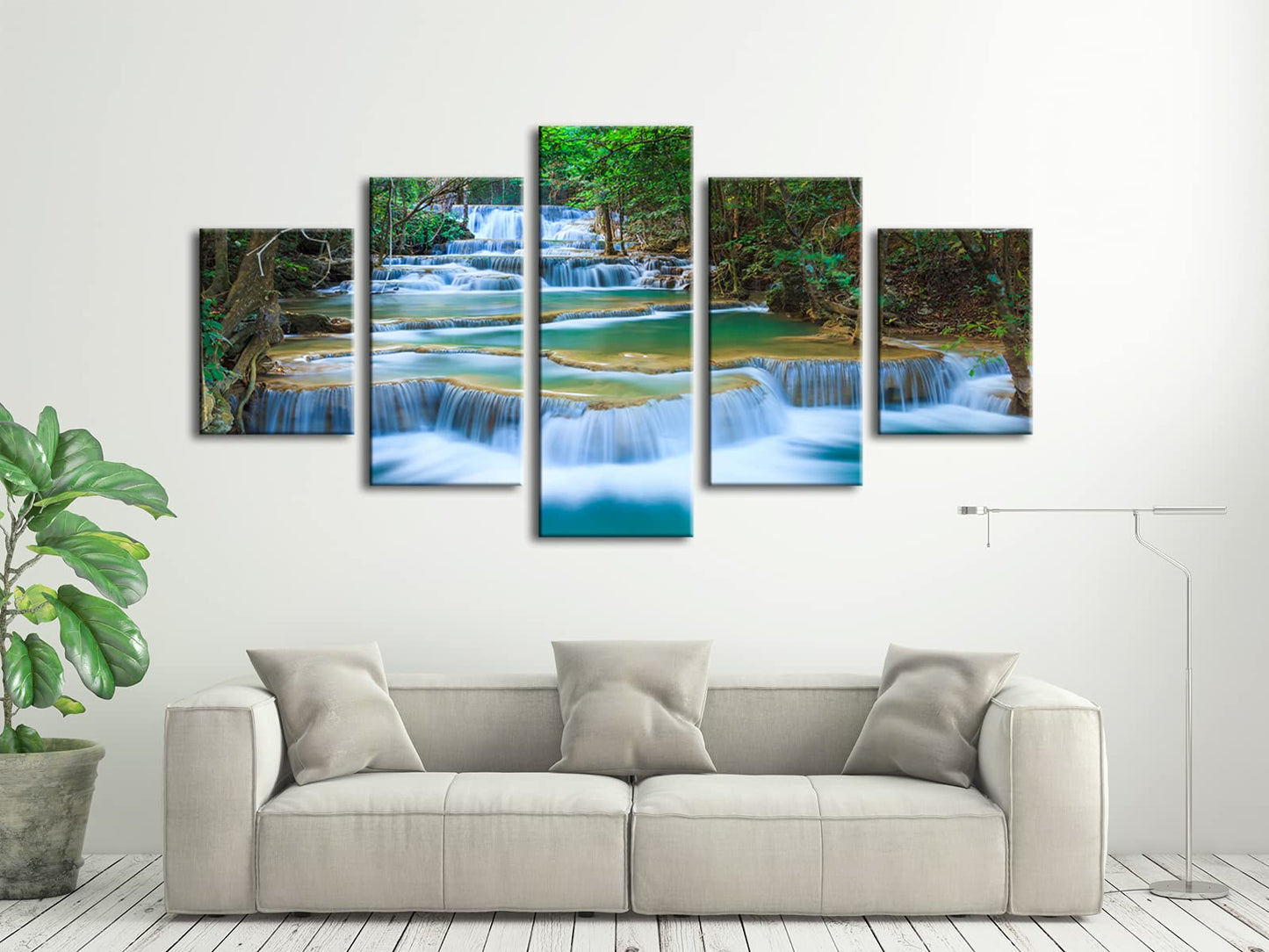 Wieco Art Peaceful Waterfall 5 Panels Large Canvas Paintings Wall Art Modern Gallery Wrapped Landscape Forest Giclee Canvas Print Artwork Photo Pictures for Living Room Bedroom Home Decorations L