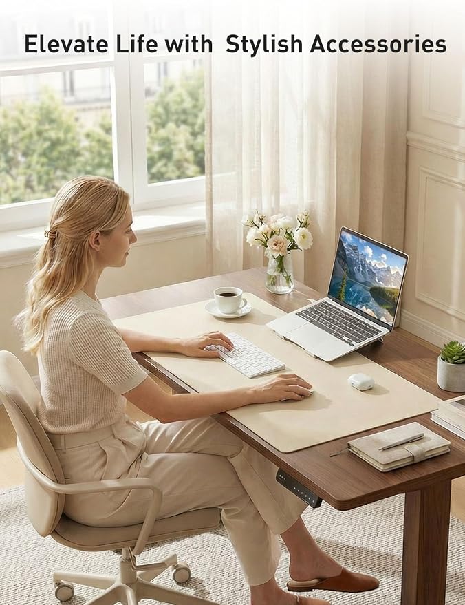 Aothia Faux Leather Desk Mat - Non-Slip PU Leather Desk Blotter, Waterproof Writing Surface, Large Desk Pad for Office & Home (Beige, 55" x 24")