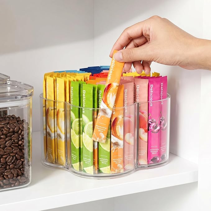 Drink Packet Organizer for Powdered Drink Mix, Divided Rotating Lazy Susan for Powder Packet, Clear Turntable Organizer Tray for Water Flavor Packets, Powder Mixes