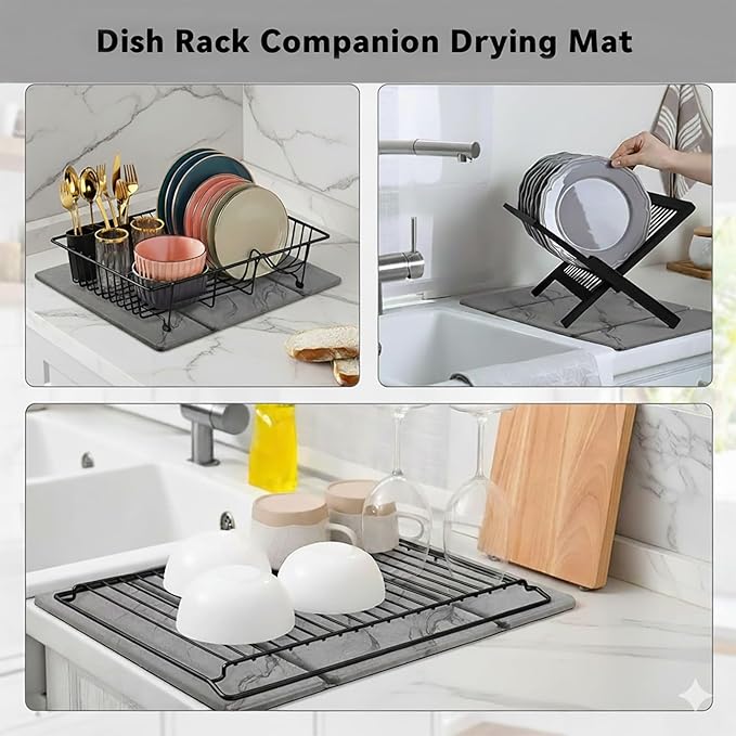 Stone Drying Mat for Kitchen Counter ,19.7"×14.7" Diatomaceous Earth Dish Drying Mat, Absorbent Drying Stone Mat for Modern Kitchen Countertop (Dark Gray, Medium)
