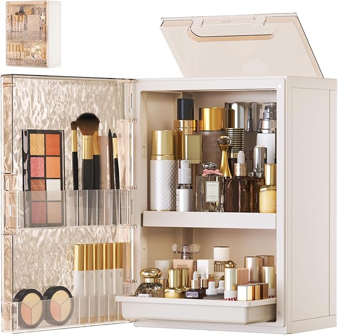 HAIXIN Makeup Organizer with Drawer & Brush Holder, Plastic Cosmetic Display Cases, Large Vanity Organizer Countertop Waterproof for Skincare, Perfume, Bathroom & Dresser (White & Amber)