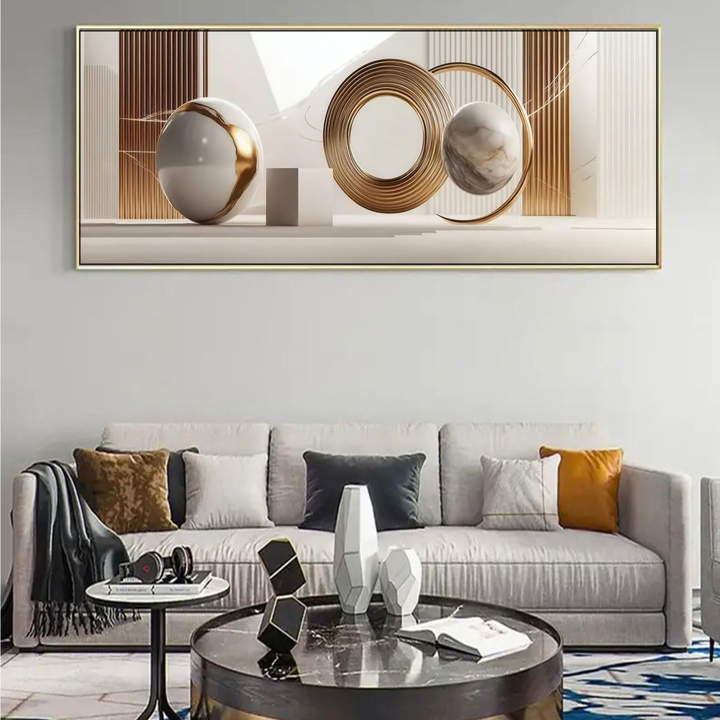 Yutjafa Extra Large Geometric Wall Art Modern Abstract Neutral Line Decor painting Pictures Nordic Gold White 2D Posters Canvas Prints for Bedroom Office Hallway Hotel Home Decoration No Frames