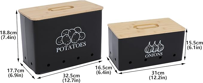 Potato and Onion Storage Bin Set of 2, Vented Metal Vegetable Storage with Wooden Lids, Farmhouse Kitchen Canisters for Countertop Pantry Organizer, Potato Bin Onion Holder for Produce Storage, Black