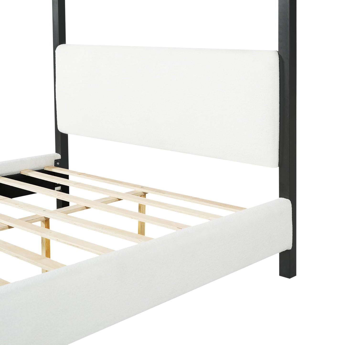 Merax Modern Queen Szie Metal Canopy Bed with Plush Bouclé Upholstery,Four-Poster Bed with Wood Slat Support,Padded Headboard & Side Rails,No Box Spring Needed,Luxury Bedroom Furniture,White+Black