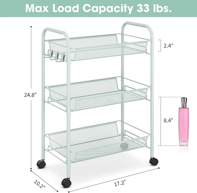 TOOLF 3-Tier Metal Rolling Cart, Mesh Wire Easy Assemble Utility Cart, Storage Trolley on Wheels with 3 Hooks, MetalStorage Shelving Units for Kitchen Bathroom Laundry Room