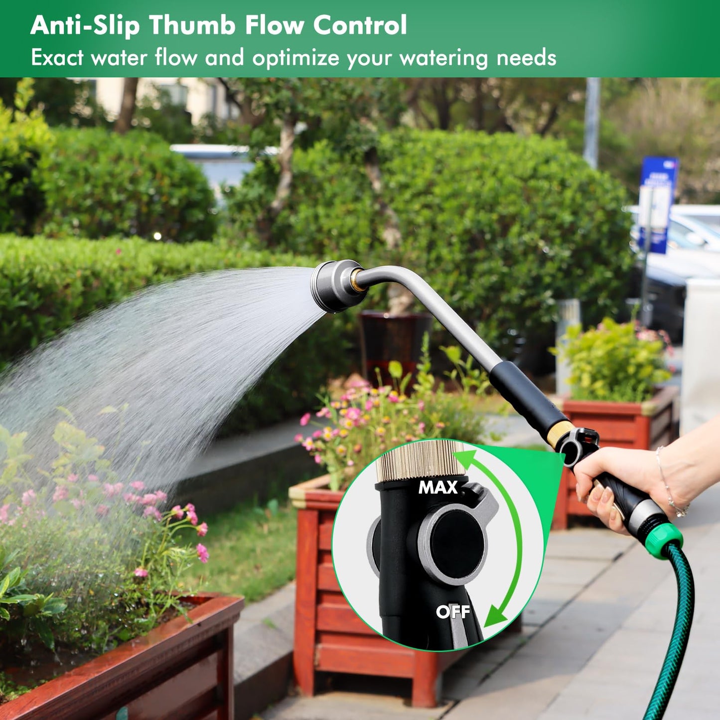 RESTMO Long Watering Wand, 24 Inches Gentle Soft Full Shower Sprayer Wand with Thumb Flow Control, Heavy Duty Metal Hose Wand for Hanging Baskets, Shrubs, Plants, Flowers, Garden and Lawn, Silver