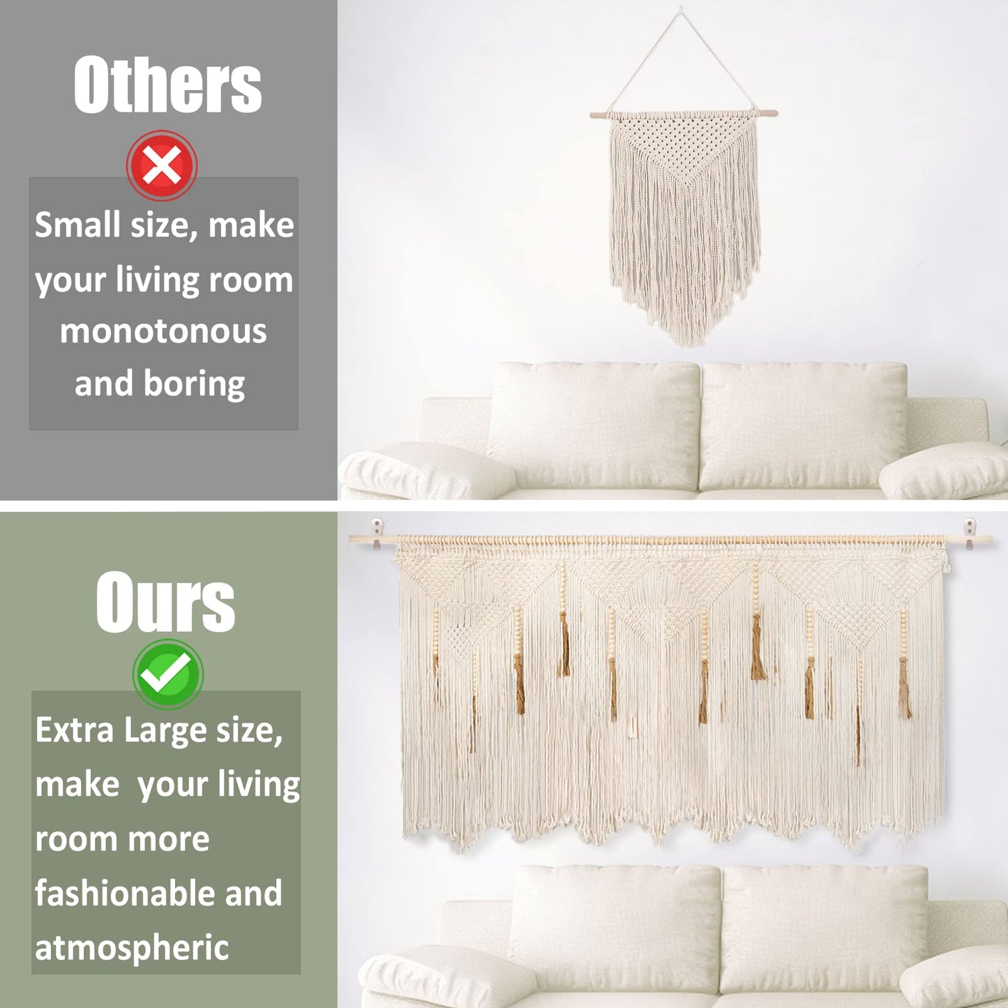 Extra Large Macrame Wall Hanging 70.8" × 39" Boho Tapestry Woven Decor- Cotton Tassel Curtain Beige Chic Bohemian Wall Art for Home Living Room Bedroom Dorm Wedding (Includes Rod)