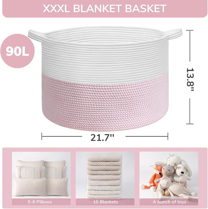 INDRESSME XXXLarge Storage Basket with Handle, Pink Laundry Basket for Nursery Stuffed Animal Storage, Baby Baskets Kids Toy Organizer, 21.7" x 21.7" x 13.8", Pink
