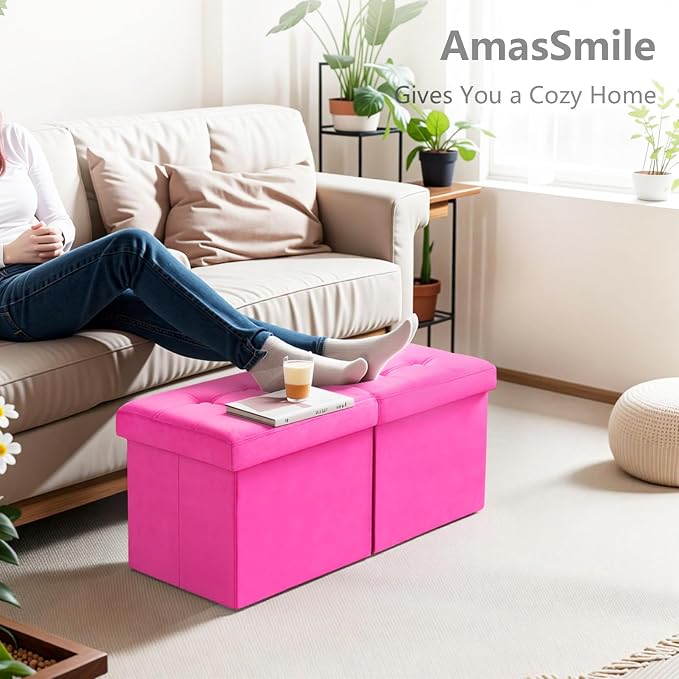 AmasSmile® Storage Ottoman Foot Rest Stool, 34 inch Velvet Footstool Bench, Short Ottoman Stool, Small Folding Storage Ottoman Store Books, Records, Rose