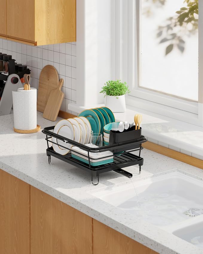 Sakugi Dish Drying Rack in Sink - Expandable Stainless Steel Dish Rack Over The Sink, Kitchen Sink Drain Strainer with Cutlery Holder & Cup Holders, 15.2 x 10.0 x 4.2 Inch, Black