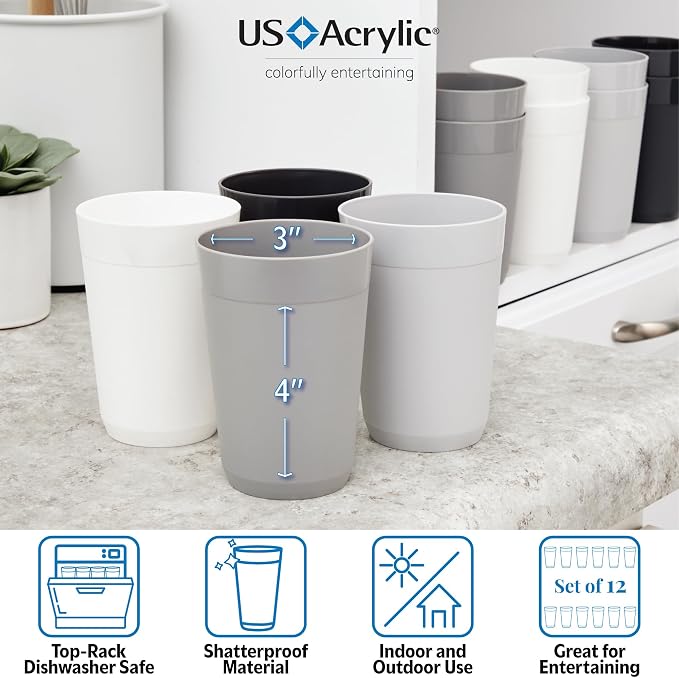 US Acrylic Newport 10 ounce Unbreakable Plastic Stackable Juice Tumblers in Grey Stone | Set of 12 Drinking Cups | Reusable, BPA-free, Made in the USA, Top-rack Dishwasher and Microwave Safe
